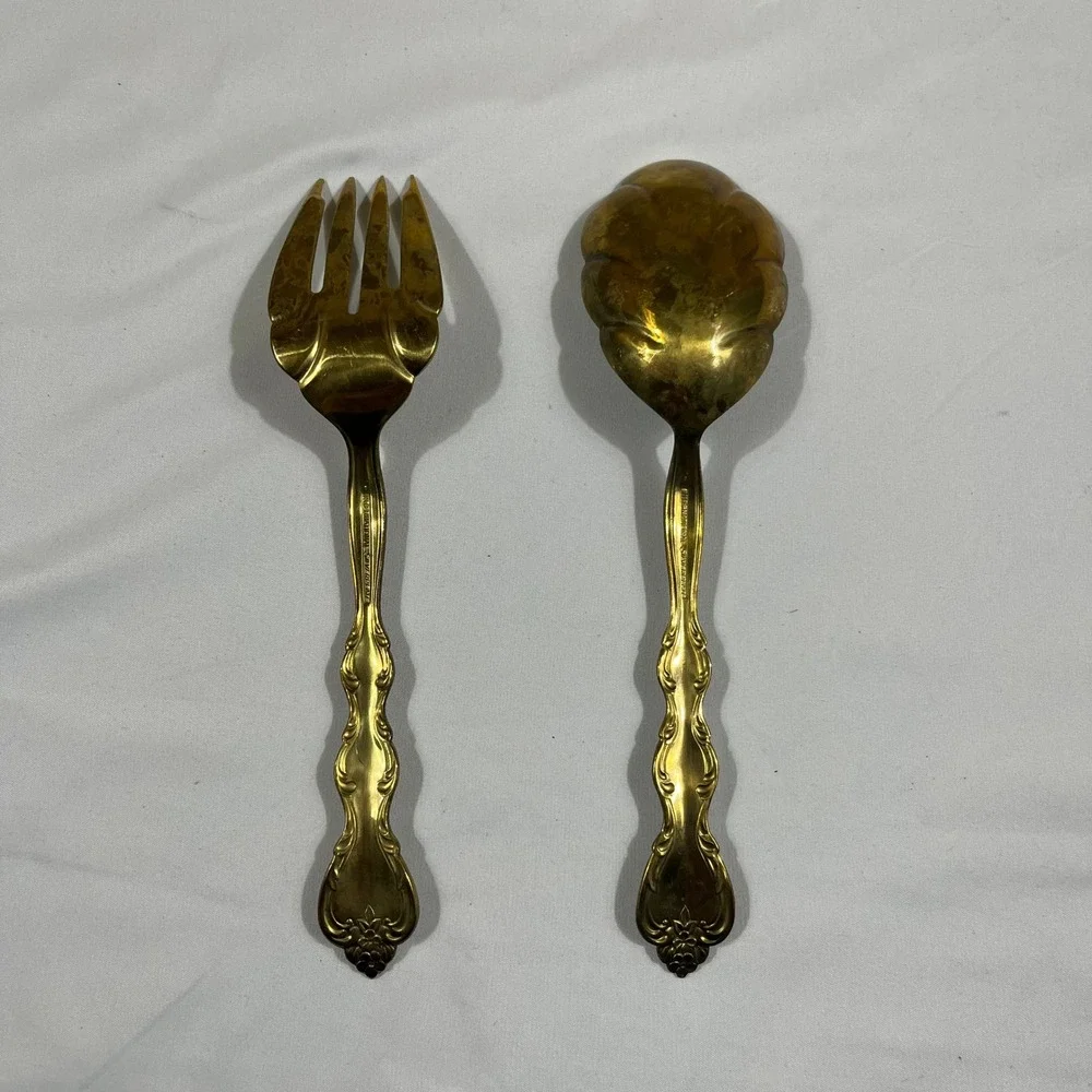 International Silver Serving Set Gold Ornate Floral Shell 2pc Vintage